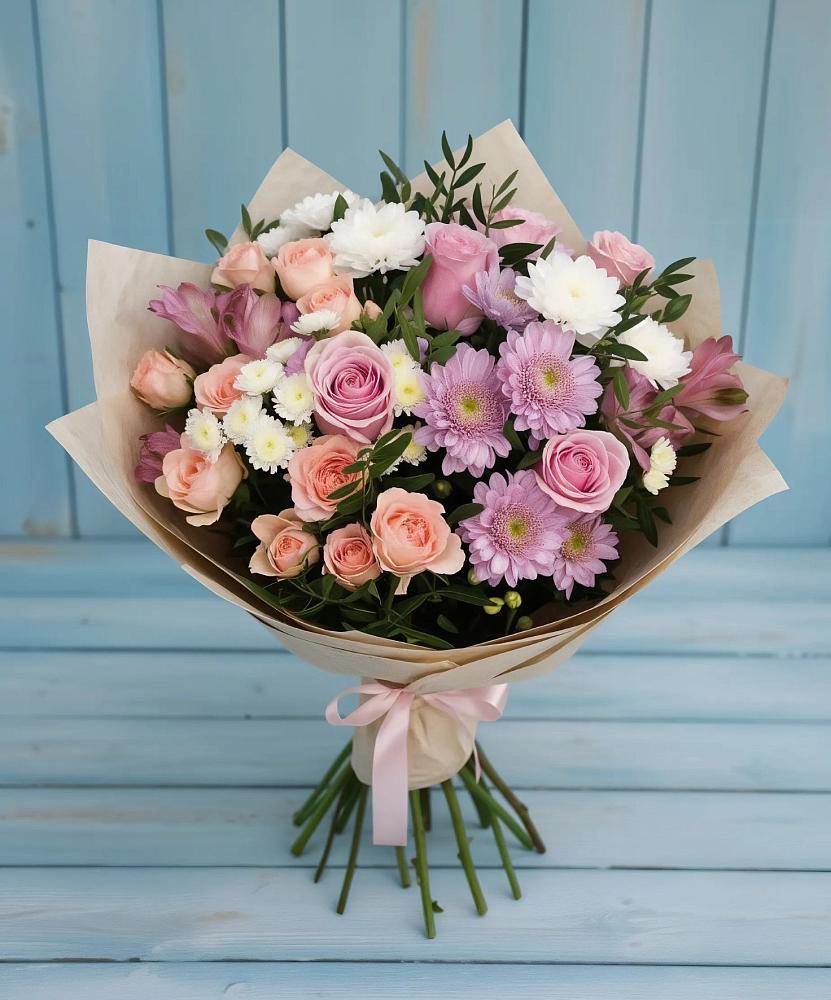 Букет цветов из: Хризантемы, Розы и Альстромерии в Тугулыме