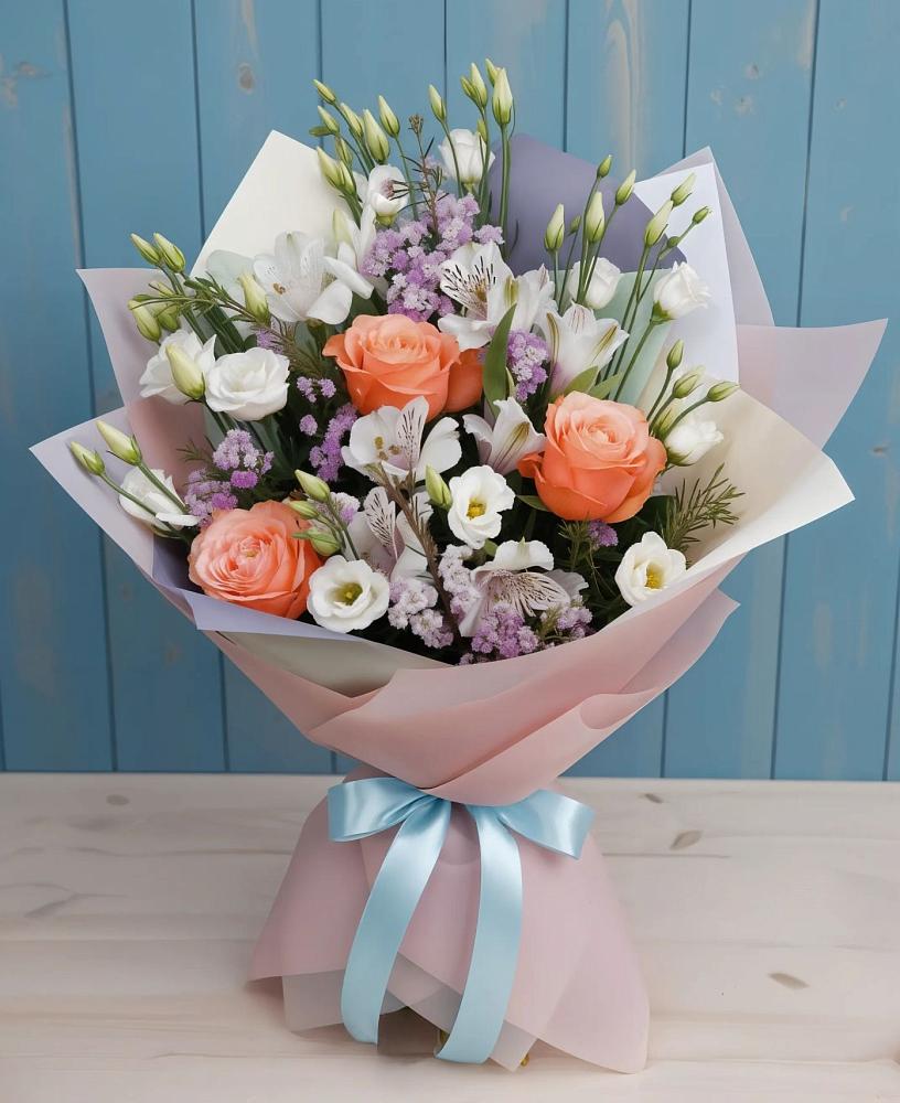 Букет цветов из: Лизиантусы, Розы, Альстромерии и Гипсофила в Тугулыме